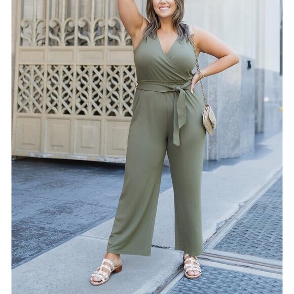 Plus Size Olive Green Sleeveless Wide-Leg Jumpsuit With Waist Tie - Picture 2 of 5